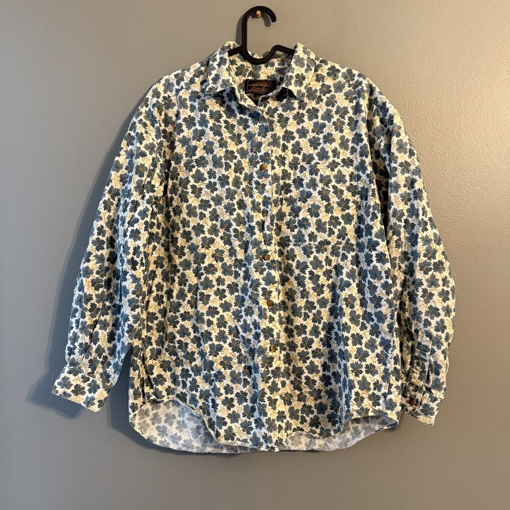 Vintage Eddie Bauer Shirt Womens Medium Green Floral Print Button 90s outdoors